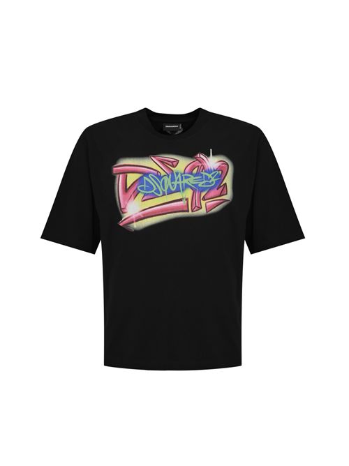 T-shirt Rebel Tags Loose Fit in cotone con stampa graffiti Black DSQUARED2 | S71GD1652 D20033900